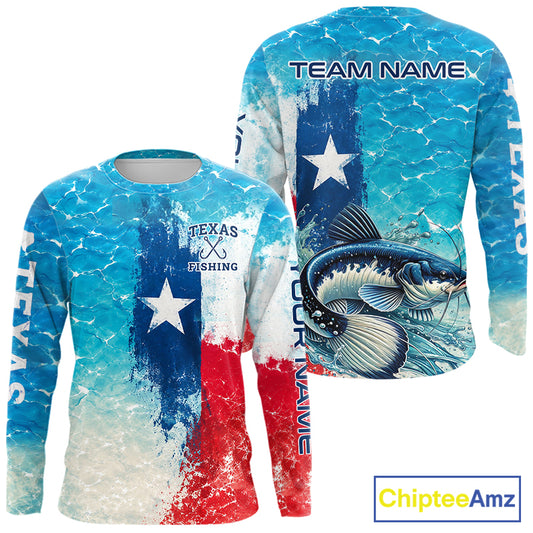 Texas Catfish Fishing Texas Flag, Blue Sea Wave Ocean Camo Long Sleeve Catfish Fishing Shirt NBT868