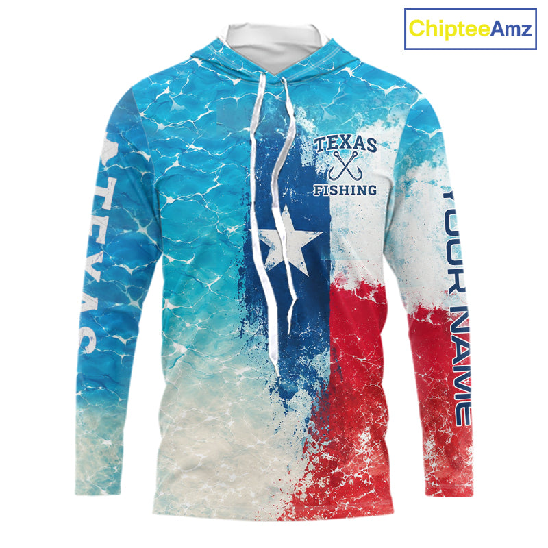 Front view of Texas Slam Fishing ocean camo hooded shirt with Texas flag design
