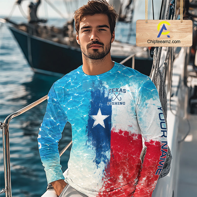 Texas Slam Fishing Texas Flag, Blue Sea Wave Ocean Camo Texas Slam Long Sleeve Fishing Shirts NBT869