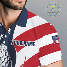 Load image into Gallery viewer, Close-up breathable fabric of America 250th anniversary golf polo shirt with “Your Name” on the chest.