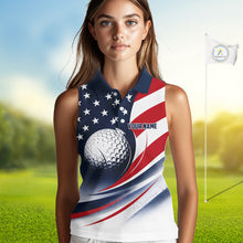 Load image into Gallery viewer, A woman wearing an American flag patriotic sleeveless golf polo shirt with “Your Name” on the chest.