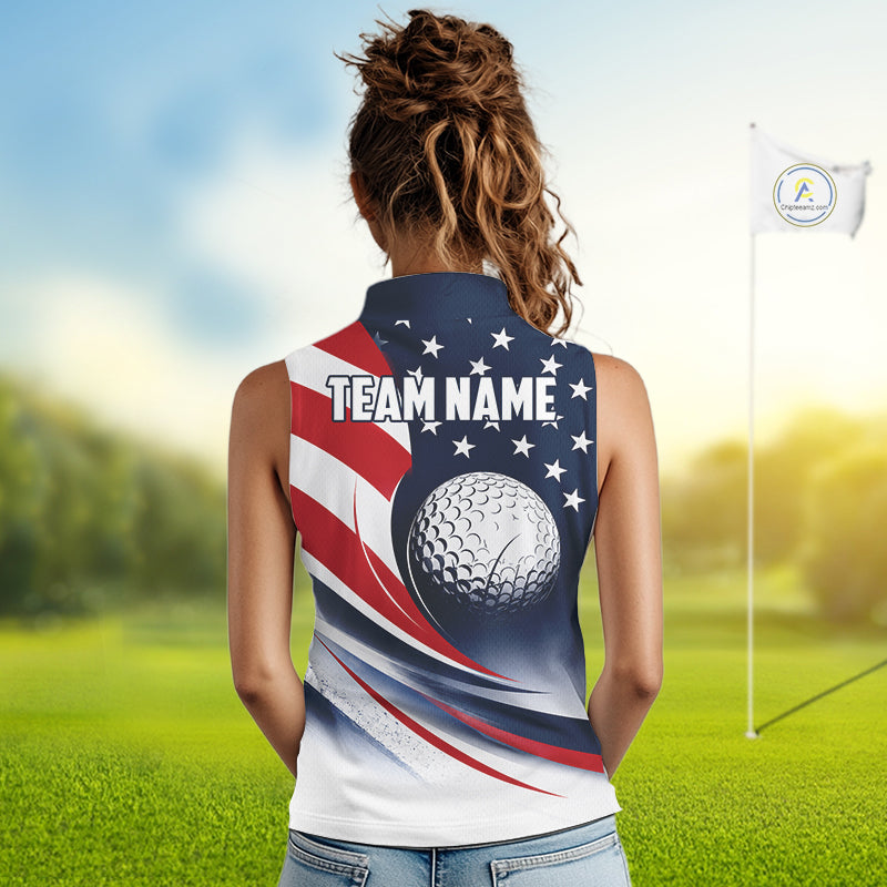 A woman wearing an American flag patriotic sleeveless golf polo shirt, with "Team Name" on the back and standing in the golf course.