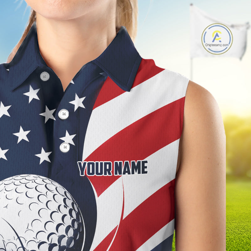 Close-up fabric detail of lightweight 100% polyester quick-dry sleeveless golf polo shirt with "Your Name" on the chest.