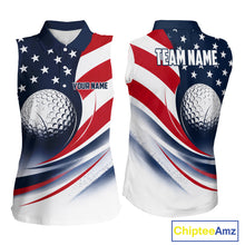 Load image into Gallery viewer, Front and back views of a womens American flag patriotic 250 freedom sleeveless golf polo shirt, name text on the chest and team name on the back.