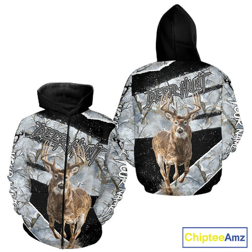 Winter Whitetail Deer Camo Customize Name 3D Printed Long Sleeve Hunting Shirts for Men NBT260