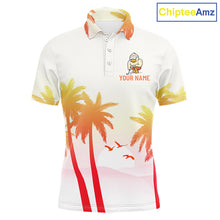 Load image into Gallery viewer, Front view of funny duck golf polo shirt for men with tropical sunset print