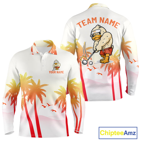 Funny Duck Golf Polo Shirt For Men, Tropical Sunset Print, Sporty Animal Golf Gift NBT803