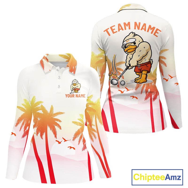 Front view of funny duck long sleeve golf polo shirt for women with tropical sunset print