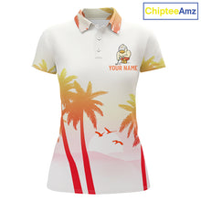 Load image into Gallery viewer, Front view of funny duck golf polo shirt for women with tropical sunset print