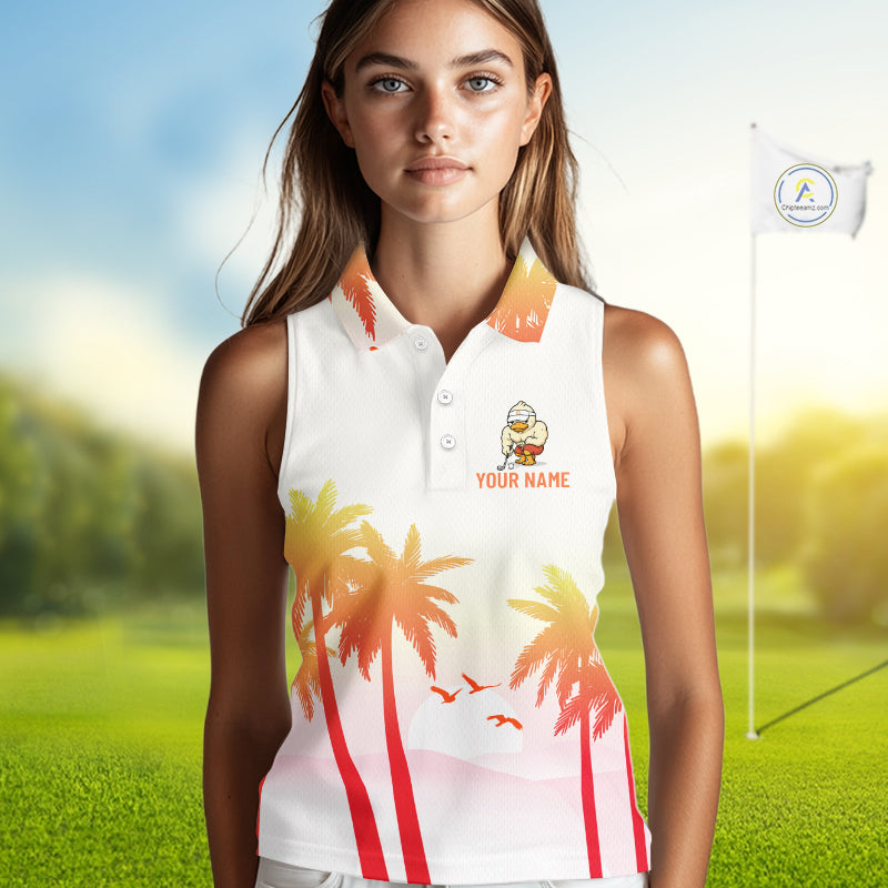 Funny duck womens sleeveless golf polo with tropical sunset background sporty animal design