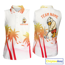 Load image into Gallery viewer, Front and back view of funny duck sleeveless golf polo shirt for women with tropical sunset print with personalized name