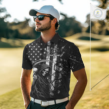 Load image into Gallery viewer, Golfer wearing custom black and white American flag skull reaper golf polo shirt on the course