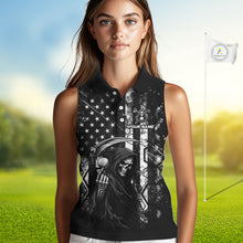 Load image into Gallery viewer, Custom Black And White American Flag Skull Reaper Womens Sleeveless Golf Polo Shirt, Team Golf Shirts NBT881