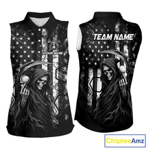 Load image into Gallery viewer, Custom Black And White American Flag Skull Reaper Womens Sleeveless Golf Polo Shirt, Team Golf Shirts NBT881