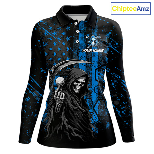 Custom Black And Blue American Flag Skull Reaper Womens Golf Polo Shirt, Team Golf Shirts NBT882
