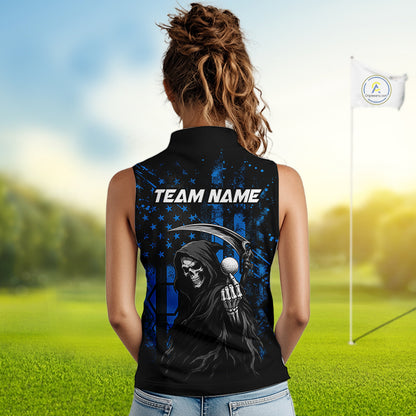 Custom Black And Blue American Flag Skull Reaper Womens Sleeveless Golf Polo Shirt, Team Golf Shirts NBT882