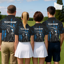 Load image into Gallery viewer, Four golfers wearing matching black and blue American flag skull reaper golf polo shirt - back view