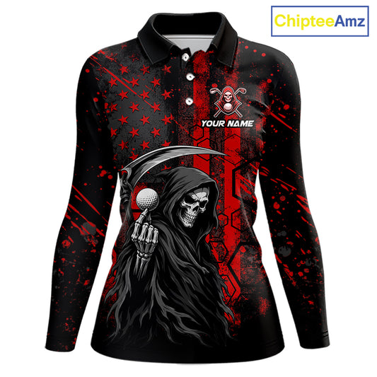 Custom Black And Red American Flag Skull Reaper Womens Golf Polo Shirt, Team Golf Shirts NBT883