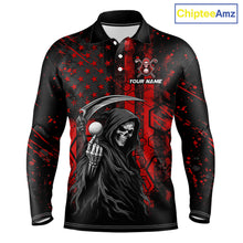 Load image into Gallery viewer, Custom Black And Red American Flag Skull Reaper Mens Golf Polo Shirt, Team Golf Shirts NBT883