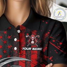 Load image into Gallery viewer, Custom Black And Red American Flag Skull Reaper Womens Golf Polo Shirt, Team Golf Shirts NBT883