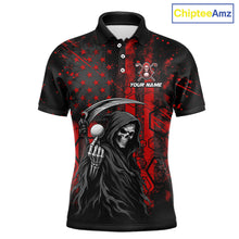 Load image into Gallery viewer, Front view of custom black and red American flag skull reaper mens golf polo shirt