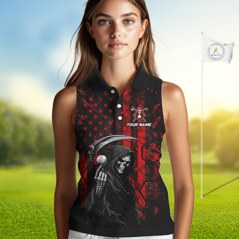 Custom Black And Red American Flag Skull Reaper Womens Sleeveless Golf Polo Shirt, Team Golf Shirts NBT883