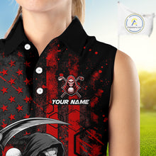 Load image into Gallery viewer, Custom Black And Red American Flag Skull Reaper Womens Sleeveless Golf Polo Shirt, Team Golf Shirts NBT883