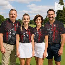 Load image into Gallery viewer, Four golfers wearing matching black and red American flag skull reaper golf polo shirt - front view