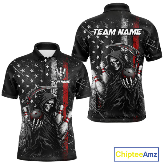 Front and back view of American flag custom Grim Reaper bowling polo shirt for men with personalized name