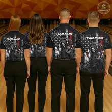 Load image into Gallery viewer, Bowling team wearing matching American flag Grim Reaper custom polo shirts with personalized names - back view