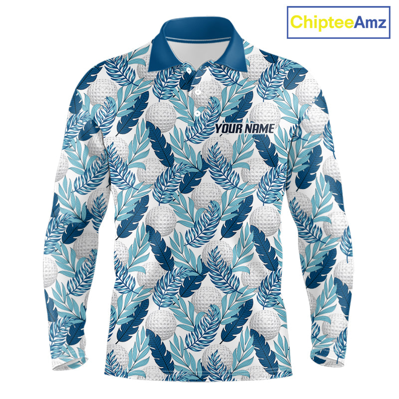 Custom White Blue Tropical Golf Ball Pattern Mens Polo Golf Shirts, Golf Gifts For Team NBT967