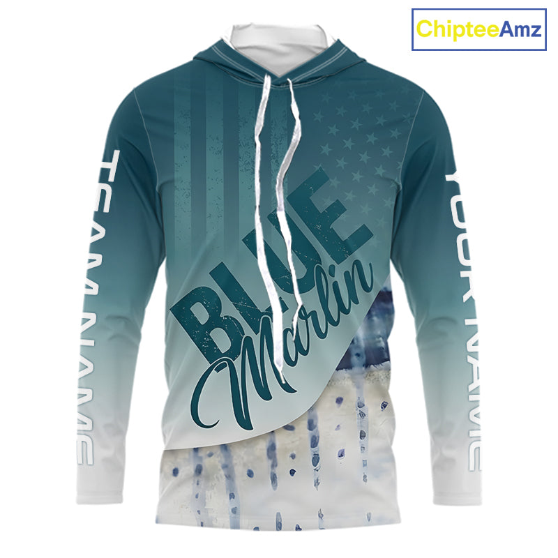 Front view of personalized American Flag Marlin long sleeve hooded fishing shirt with patriotic design