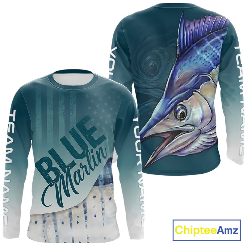 Front and back view of American Flag Marlin patriotic fishing jersey with personalized name on sleeves