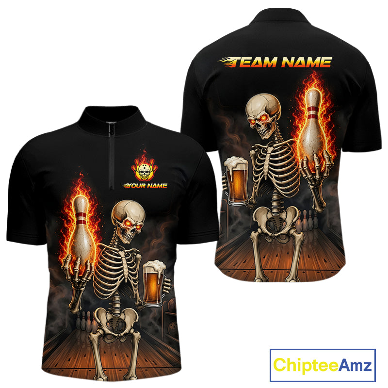 Front and back view of black and orange fire flame beer skull bowling team 1/4 quarter zip shirt for men