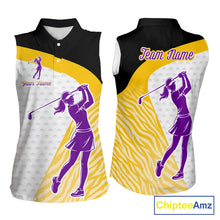 Load image into Gallery viewer, Yellow &amp; Purple  Zebra Pattern Womens Sleeveless Golf Polo Shirts Custom Name Gift For Golf Lovers NBT583