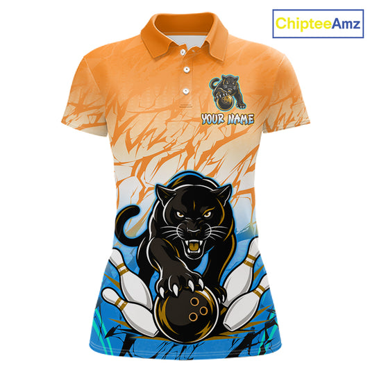Front view of custom orange and blue leopard bowling polo shirt for women