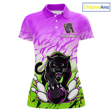 Load image into Gallery viewer, Front view of custom purple and green leopard bowling polo shirt for women