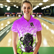 Load image into Gallery viewer, Bowler wearing custom purple and green  leopard bowling shirt on the lanes