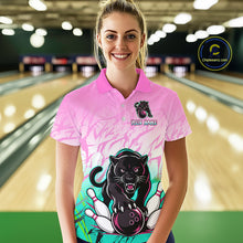 Load image into Gallery viewer, Bowler wearing custom pink and turquoise leopard bowling shirt on the lanes