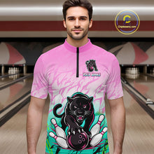 Load image into Gallery viewer, Custom Pink And Turquoise Leopard Bowling Men Polo &amp; 1/4 Quarter Zip Shirt, Bowling League Team Shirt NBT891