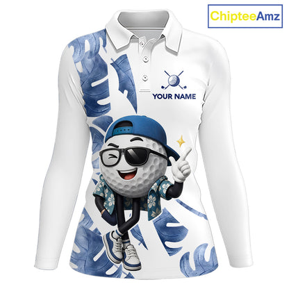 Funny Golf Ball Tropical Pattern Custom Womens Golf Polo Shirts, Golfing Gifts|Blue NBT708
