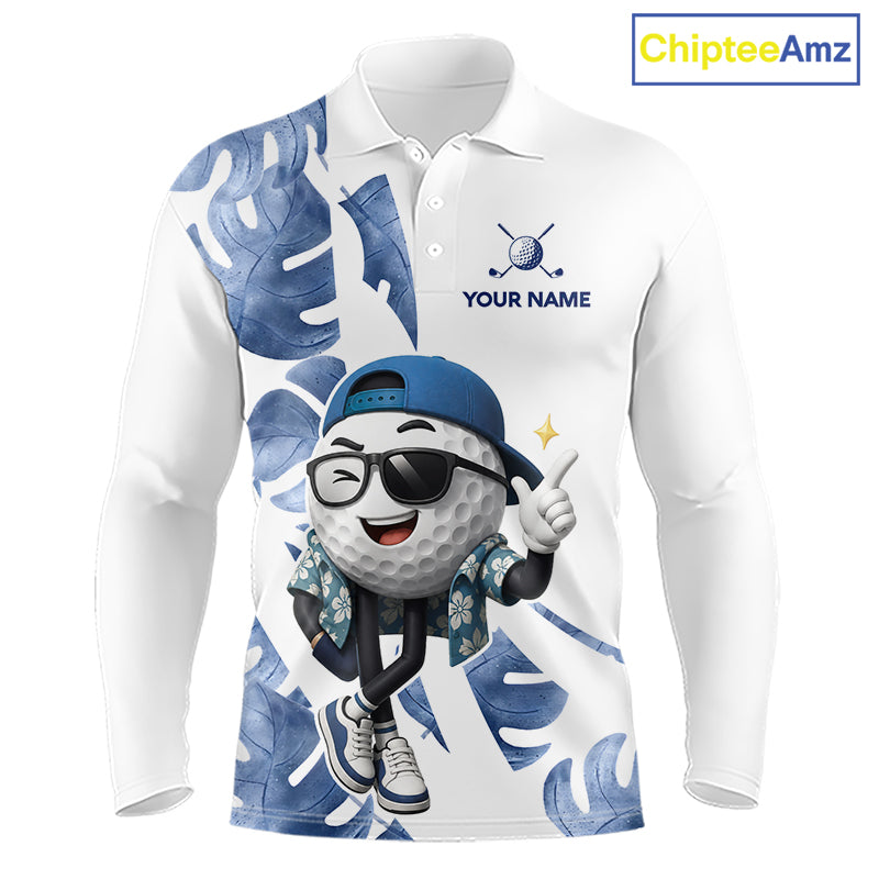 Funny Golf Ball Tropical Pattern Custom Mens Golf Polo Shirts, Golfing Gifts|Blue NBT708