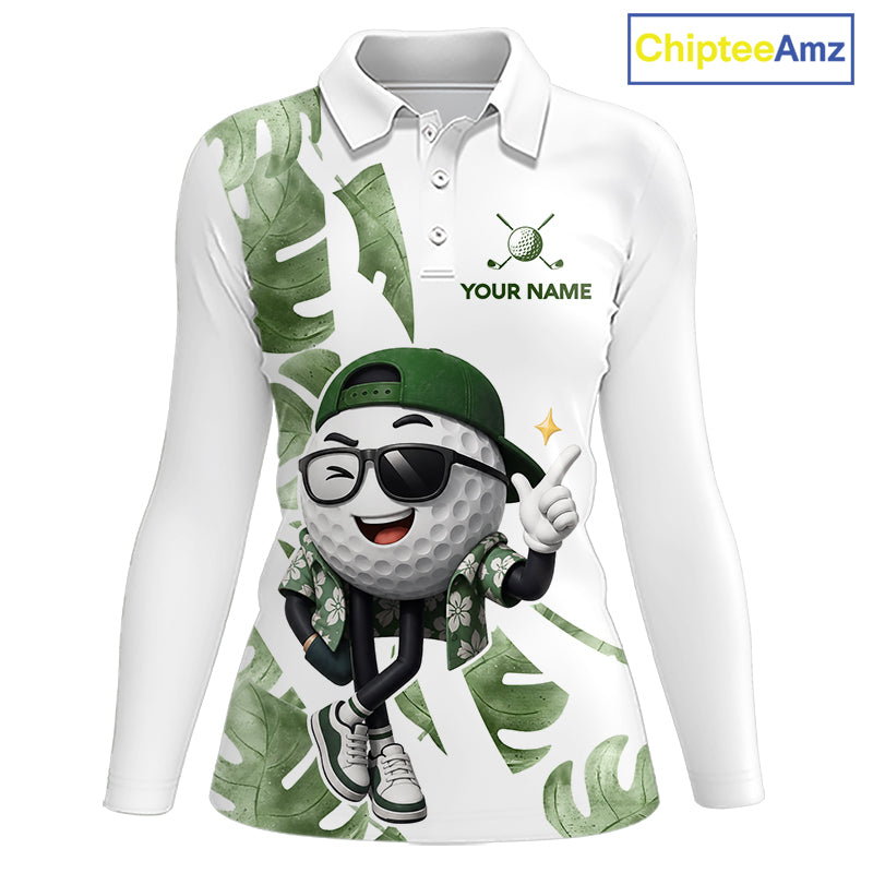Funny Golf Ball Tropical Pattern Custom Womens Golf Polo Shirts, Golfing Gifts|Green NBT709