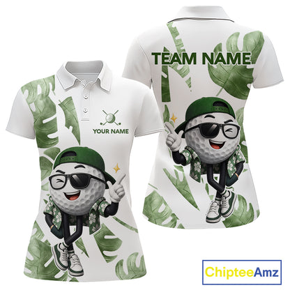 Funny Golf Ball Tropical Pattern Custom Womens Golf Polo Shirts, Golfing Gifts|Green NBT709