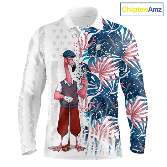 Front view of funny colorful rooster American Flag mens long sleeve golf polo shirt