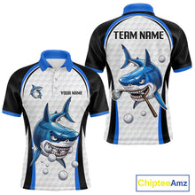 Load image into Gallery viewer, Blue White Shark Pattern Mens Golf Polo Shirt Front and Back View Custom Name Custom Team Name