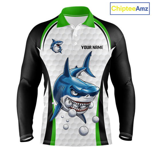 Green White Shark Pattern Mens Long Sleeve Golf Polo Shirt Front View Custom Name