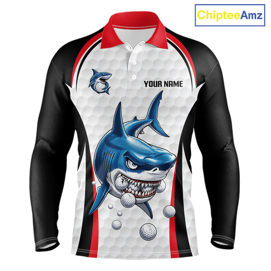 Blue White Shark Pattern Long Sleeve Mens Golf Polo Shirt Front View Custom Name