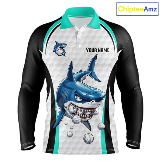 Turquoise White Shark Pattern Mens Long Sleeve Golf Polo Shirt Front View Custom Name