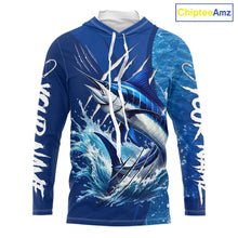 Load image into Gallery viewer, Marlin Fishing Custom Long Sleeve Hooded Performance Fishing Shirts, Marlin Saltwater Fishing Shirt NBT720